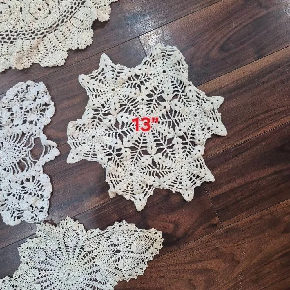 Crochet, 6 Vintage Large White & Ecru Cotton Doilies, Handmade